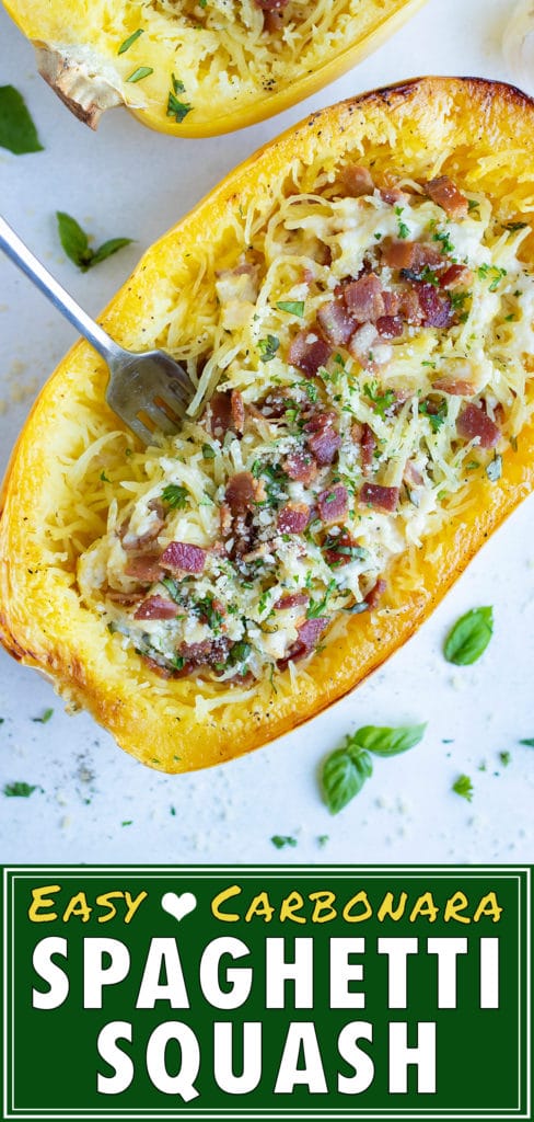 Spaghetti squash is topped with carbonara sauce, bacon, and fresh parsley for a healthy dinner.
