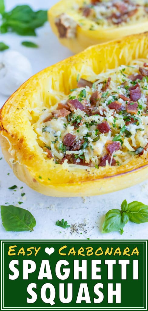 Learn how to make this healthy spaghetti squash carbonara with bacon.
