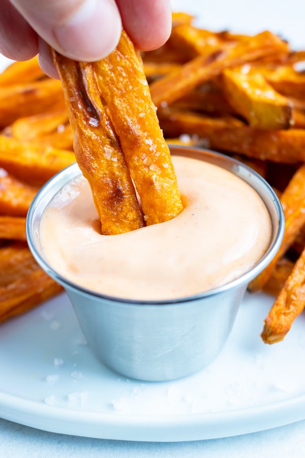 Baked sweet potato fries are an easy and healthy side perfect for dipping.