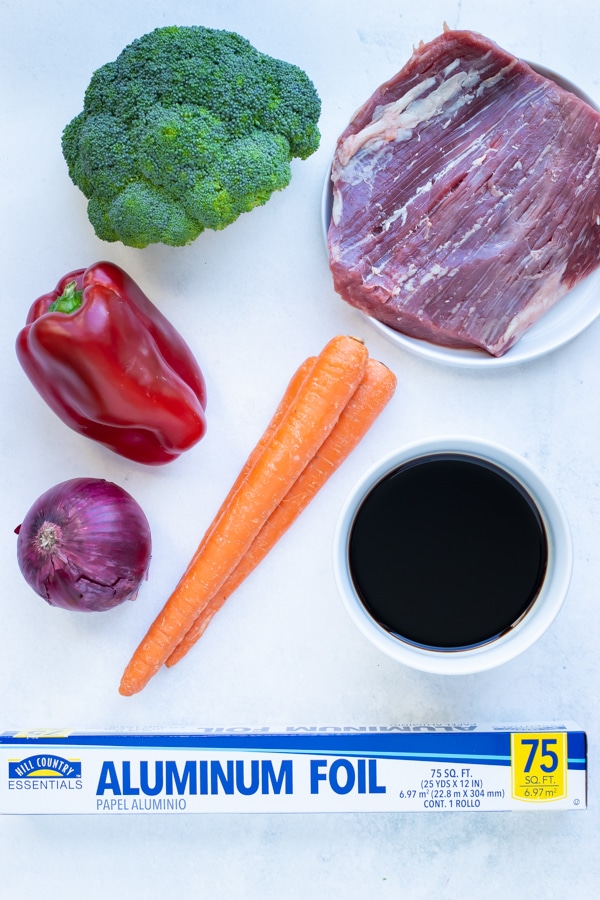 Vegetables, teriyaki sauce, and flank steak are the ingredients for this Beef Teriyaki recipe.