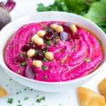 Beet hummus is a healthy, easy, and vegan appetizer recipe.