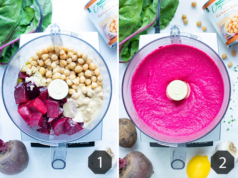 Step by step pictures for how to make a homemade roasted beet hummus recipe.