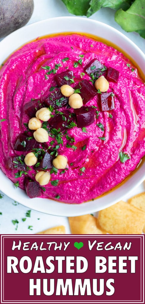 Homemade beet hummus recipe is served as an appetizer or snack.