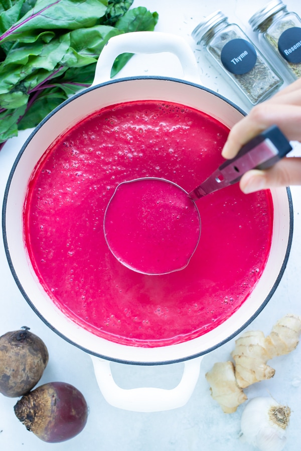 Creamy, dairy-free beet soup is made in a pot on the stove. in 30 minutes.