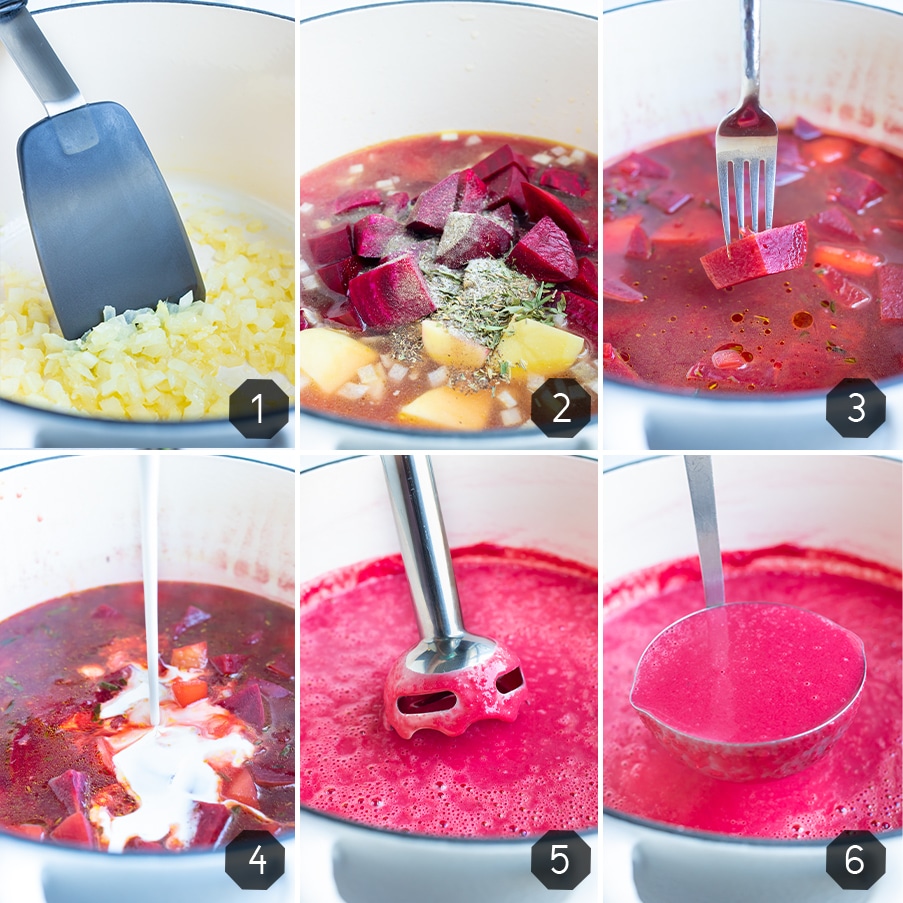 Instructional pictures show how to make and blend this dairy-free beet soup until creamy.