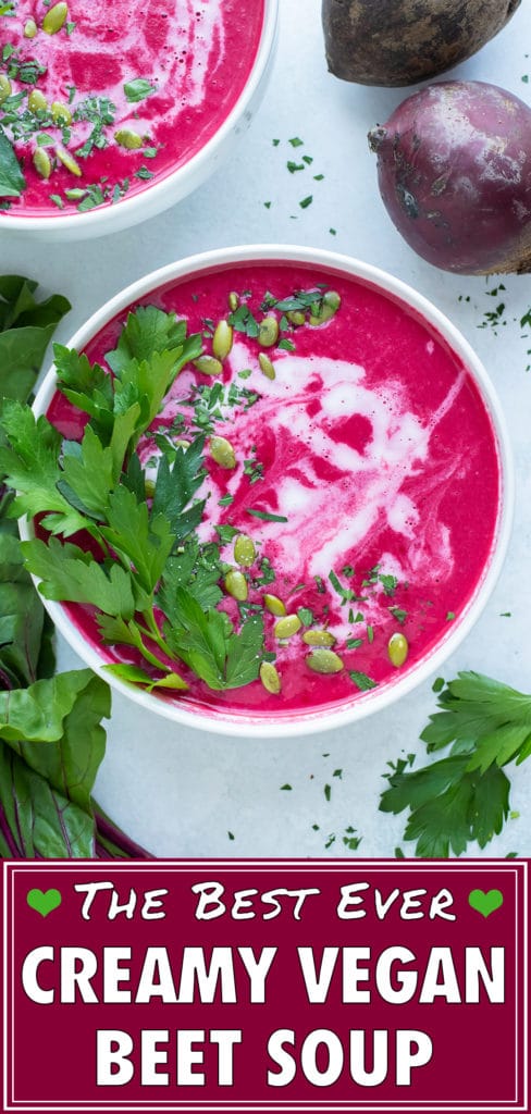 Beet soup is topped with crunchy seeds and coconut milk for a winter dish.
