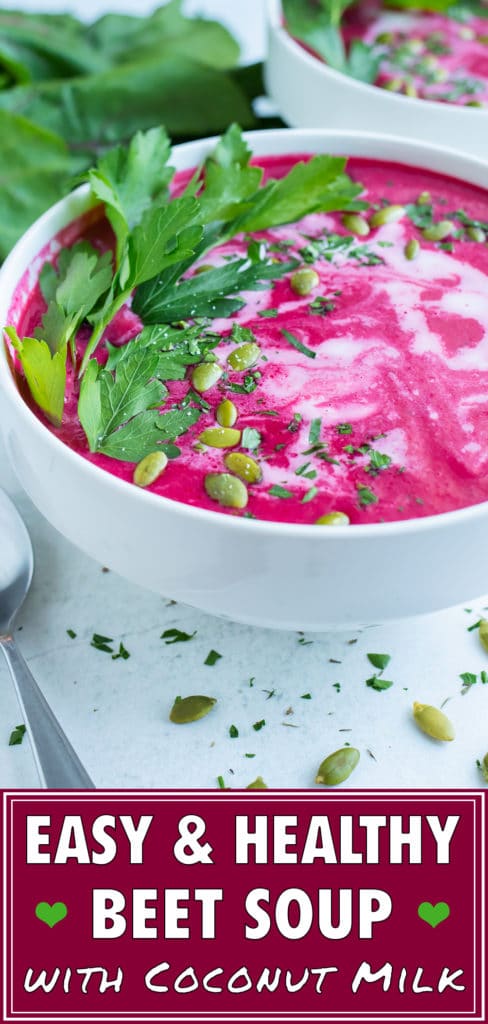 Gluten-free beet soup is served in a bowl as an appetizer or side dish.