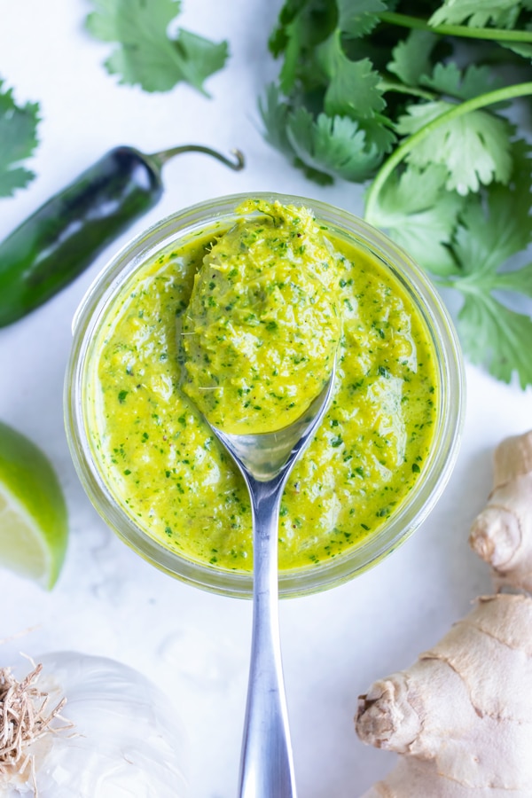 Chili peppers are added to determine the spice level for this Thai green curry paste.