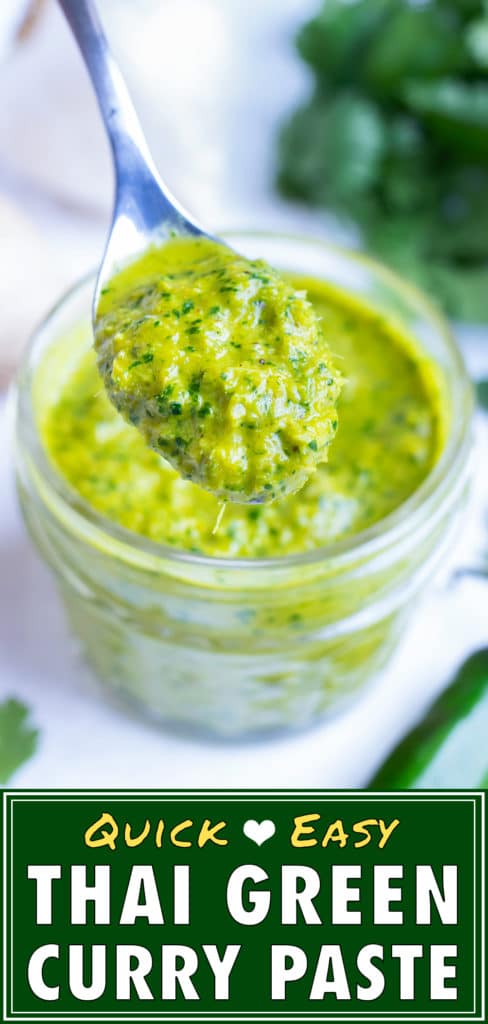 Fresh green curry paste is made at home and kept in an airtight mason jar.