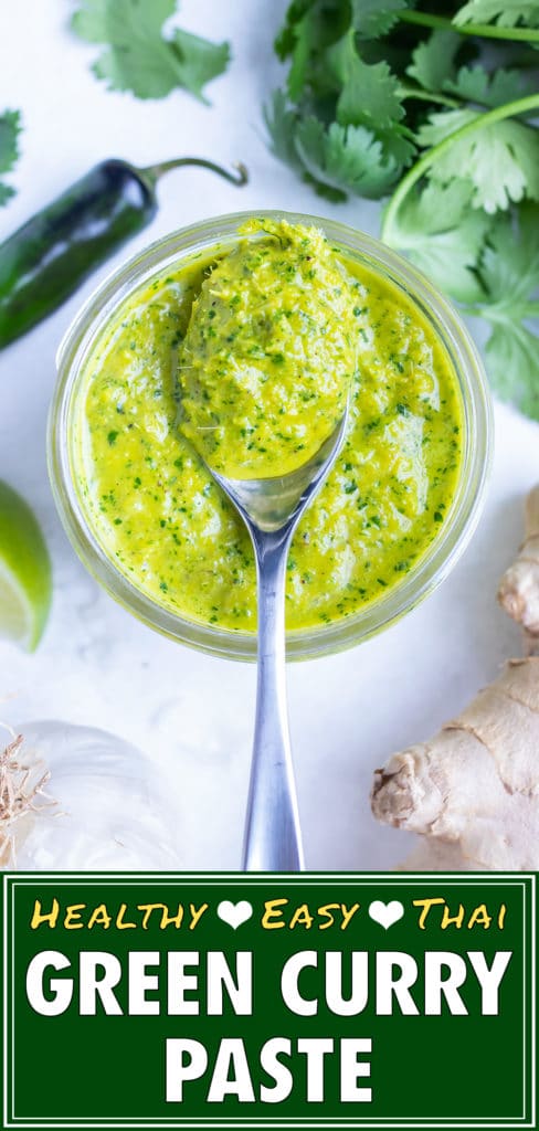 Green curry paste is stored in a glass container before being used in gluten-free Thai recipes.