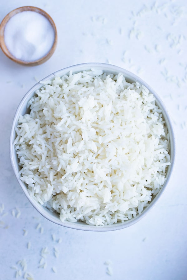 Long grain white rice is cooked in an instant pot for an easy and fluffy rice recipe.