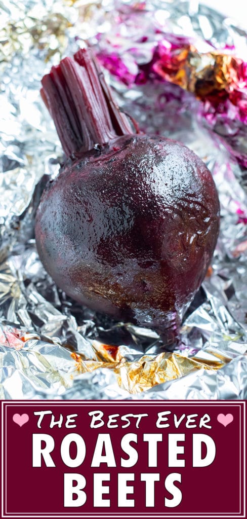 Whole beets are roasted in the oven using aluminum foil.