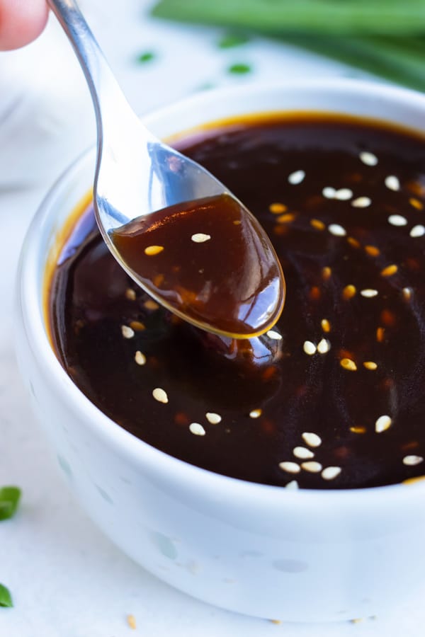 Sweetened with honey, this homemade teriyaki sauce in a bowl is a sweet and sticky marinade.