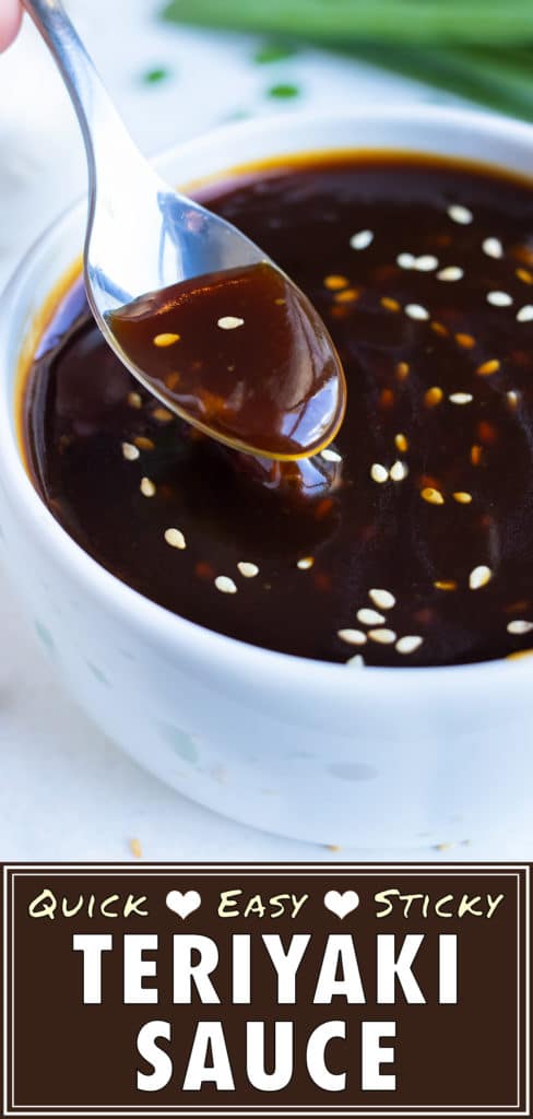 A small bowl full of a sweet and sticky teriyaki sauce to be used as a marinade.