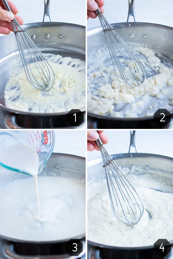 Instructional photos for how to make a cheesy cream sauce.