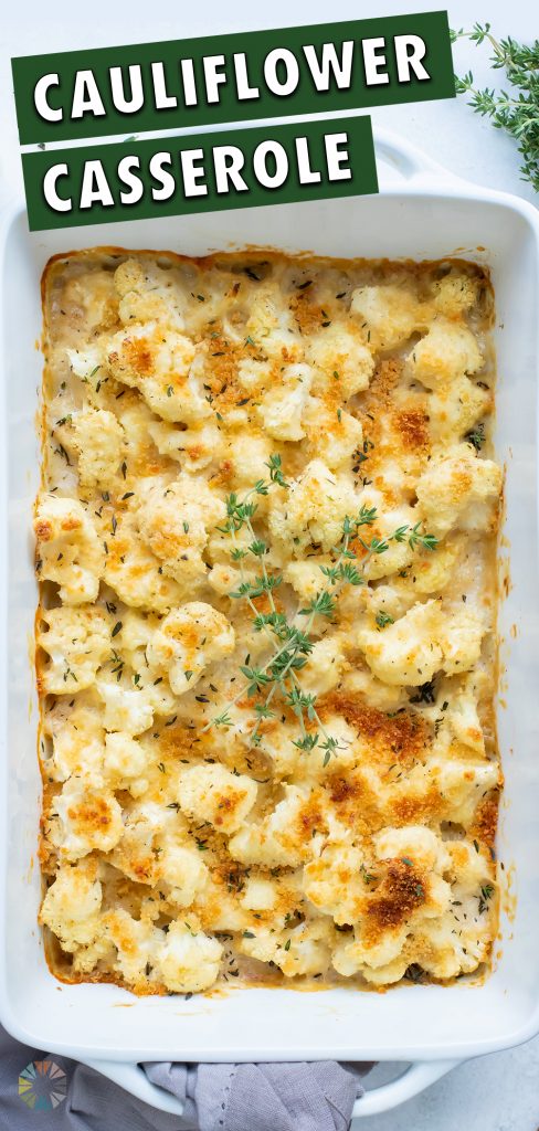 Baked cauliflower gratin is top with fresh herbs for a keto friendly side.