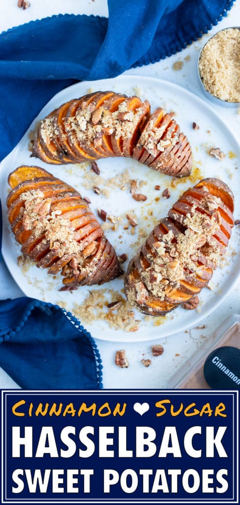 Baked hasselback sweet potatoes are served on a white plate and topped with excess brown sugar and cinnamon for a Thanksgiving side.