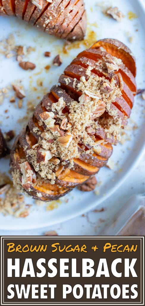 Brown sugar, pecans, and cinnamon are sprinkled on top of this baked hasselback sweet potato.