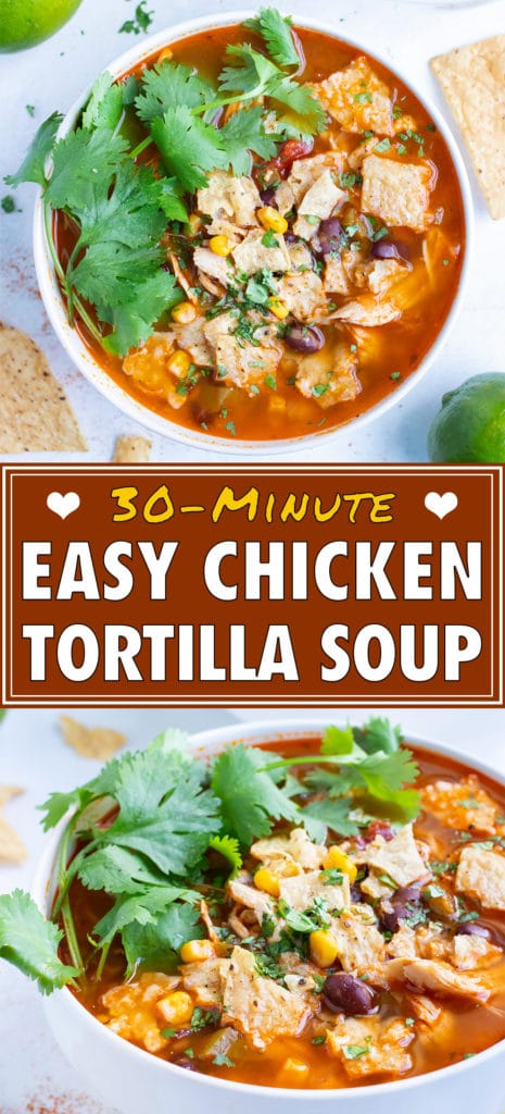 Chicken tortilla soup is served with fresh toppings for an authentic Mexican dish.