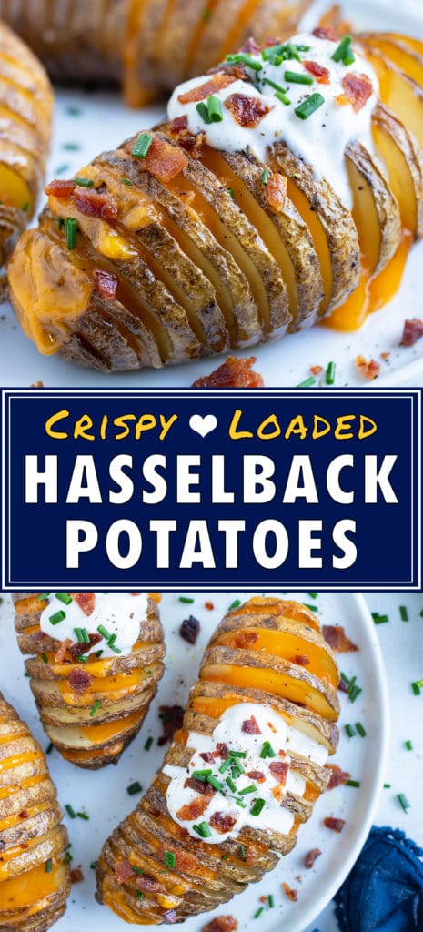 Baked loaded hasselback potatoes are filled with cheese and topped with bacon.