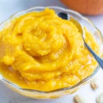 Pumpkin puree is made and placed in a bowl.