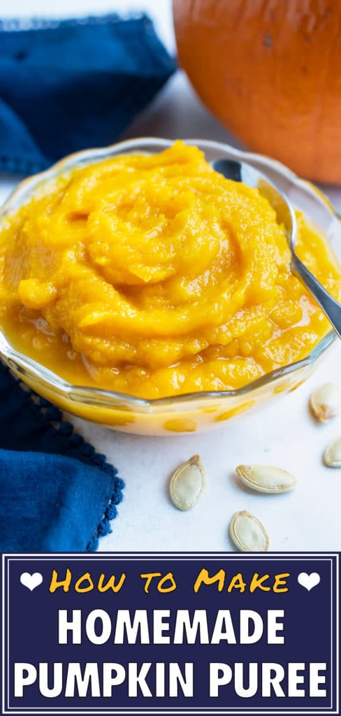 Fresh and creamy pumpkin puree is in a bowl on the counter.