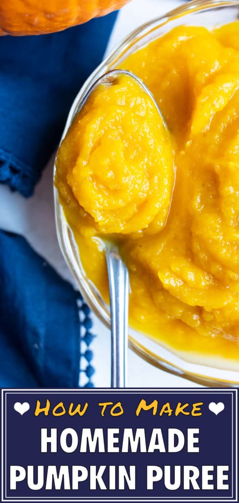 Pumpkin puree made from fresh pumpkin is placed in a bowl with a spoon.
