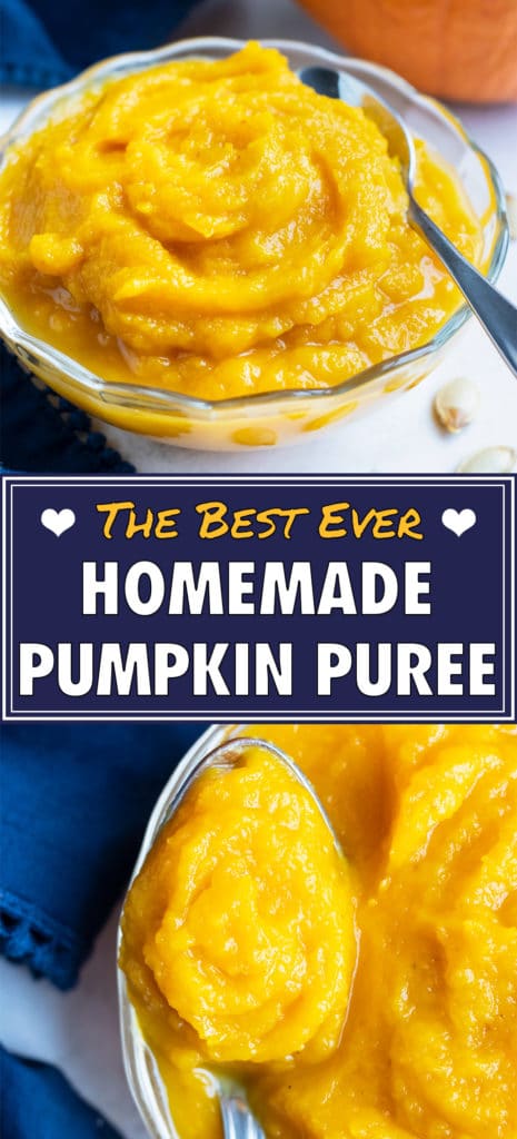Fresh pumpkin puree is put in a glass bowl with a spoon.