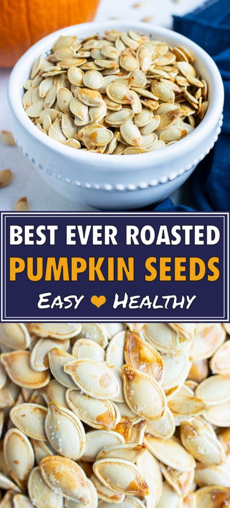 Baked pumpkin seeds are in a white bowl for a healthy snack.