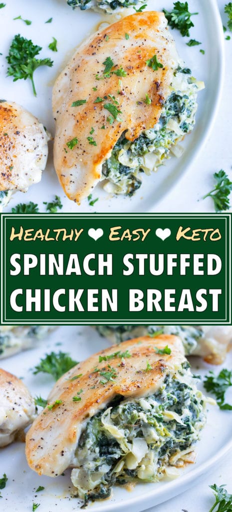 Stuffed chicken breast is plated for an easy, low-carb dinner.