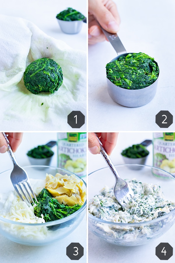 Instructional pictures showing how to make a healthy spinach artichoke filling.