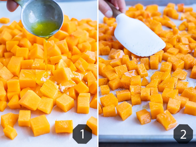 Instructional pictures for how to roast butternut squash in the oven.