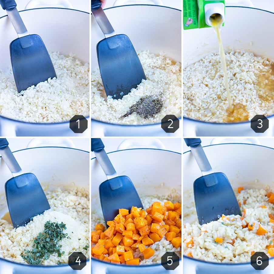 Instructional pictures for how to make butternut squash risotto.