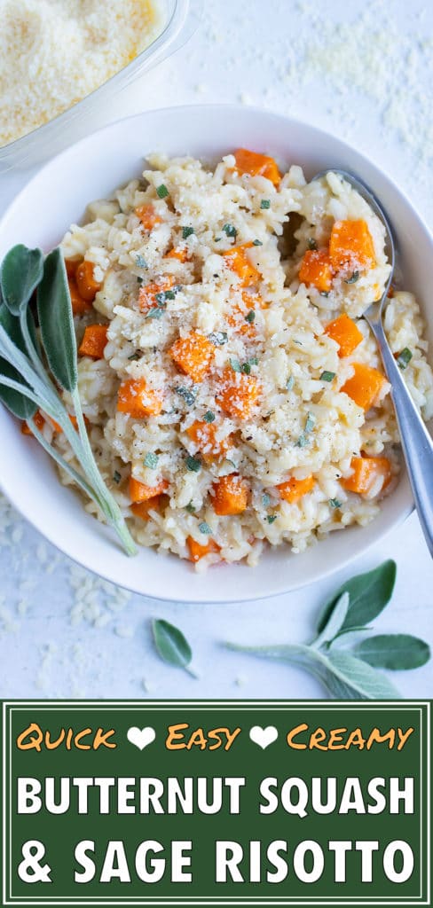 Butternut squash. risotto is served with fresh sage in a bowl.