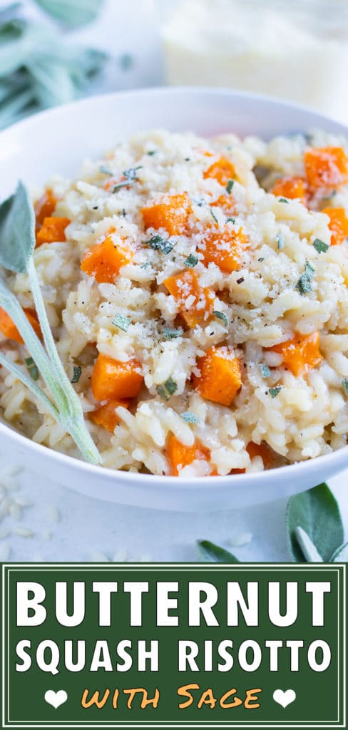 Smooth and creamy butternut squash risotto is served with fresh herbs and topped with parmesan cheese.