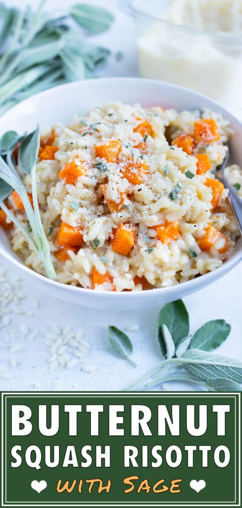 Roasted butternut squash risotto with sage is served in a white bowl on the counter.