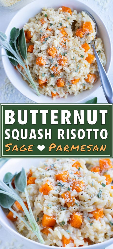 Homemade butternut squash risotto is served in a white bowl with a spoon.