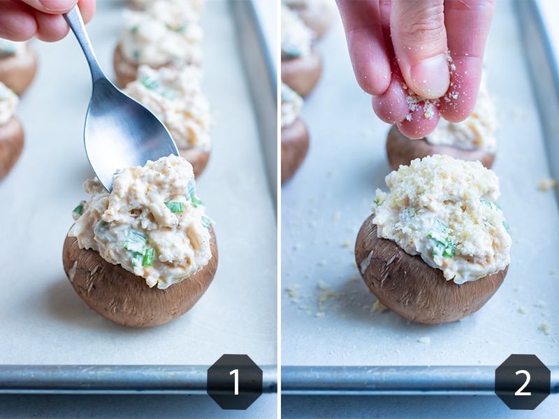 Step by step pictures for how to fill mushrooms with crab stuffing.