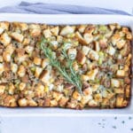Traditional stuffing recipe is baked and served as a Thanksgiving side dish.