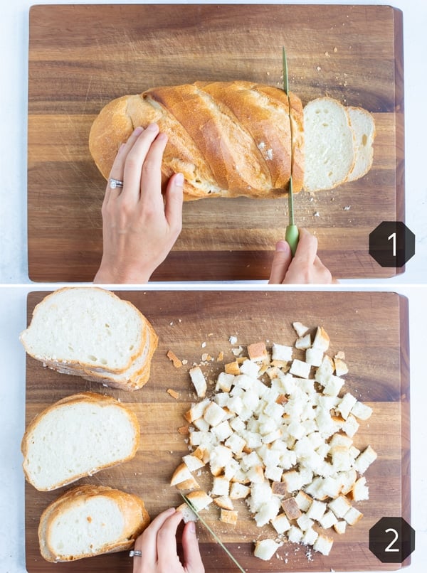 Bread is sliced and cubed before drying out on the counter or in the oven for stuffing.