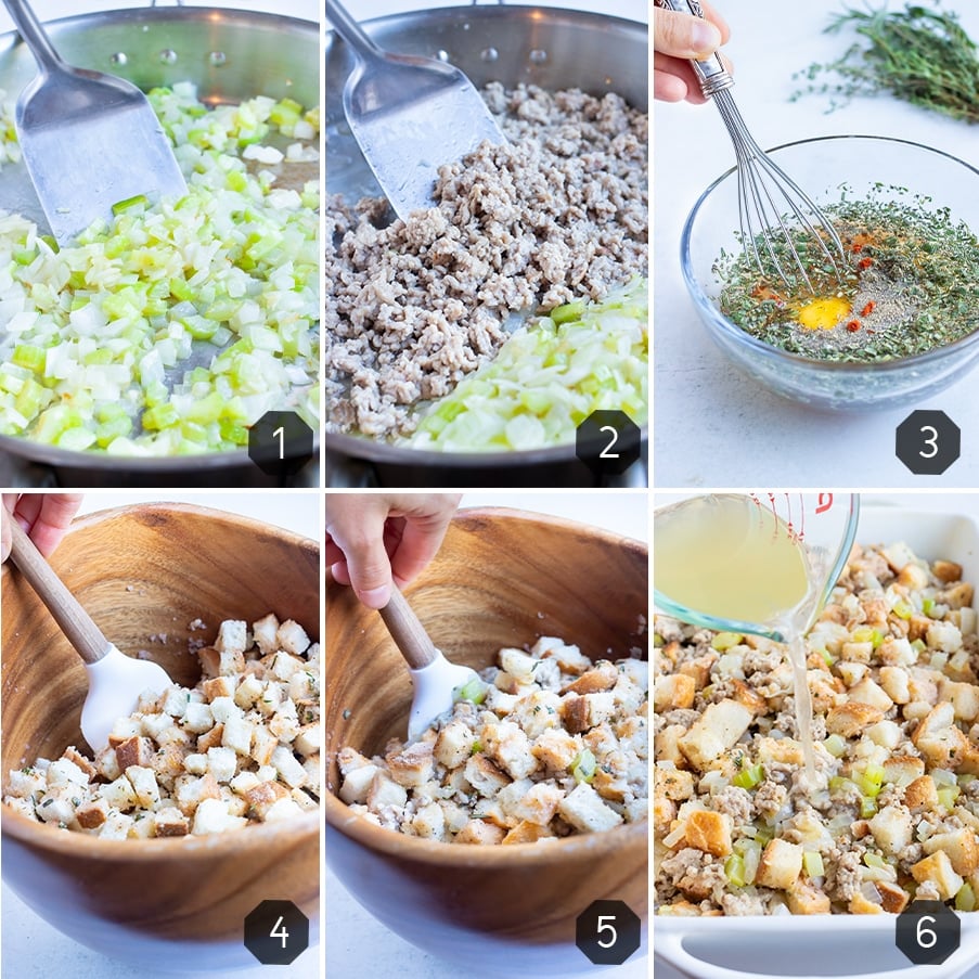 Instructional pictures show how to make traditional sausage stuffing.