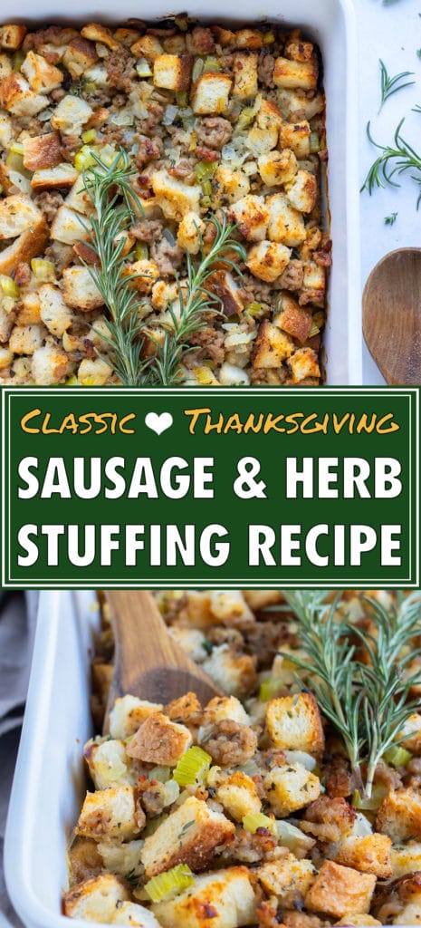 Homemade sausage stuffing is served with fresh herbs for a Fall side dish.