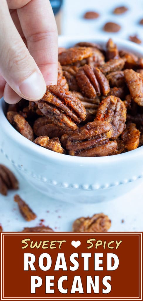 Pecans are toasted and snacked on from a white bowl.