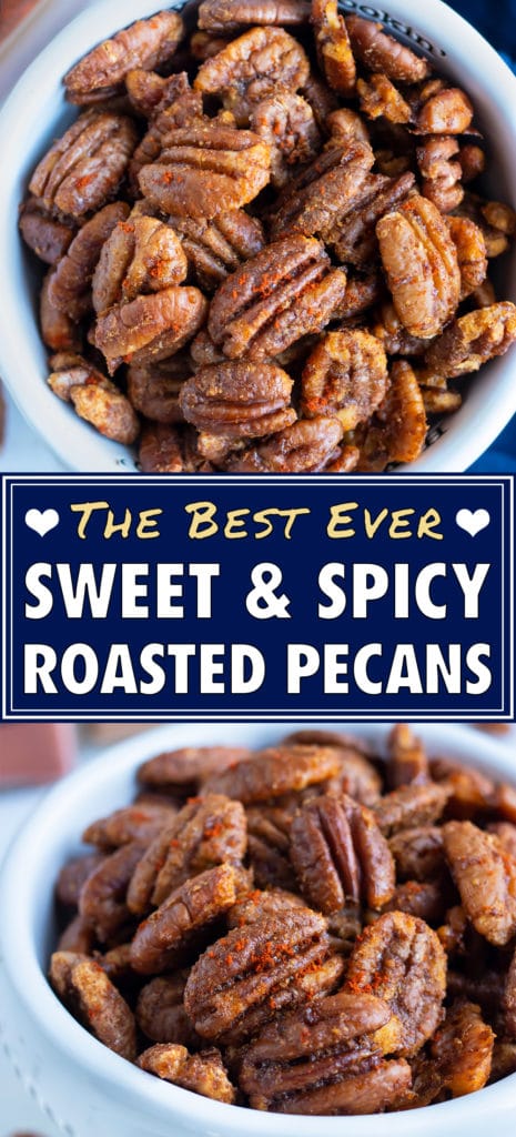 Spiced pecans are kept in a white bowl for snacking.