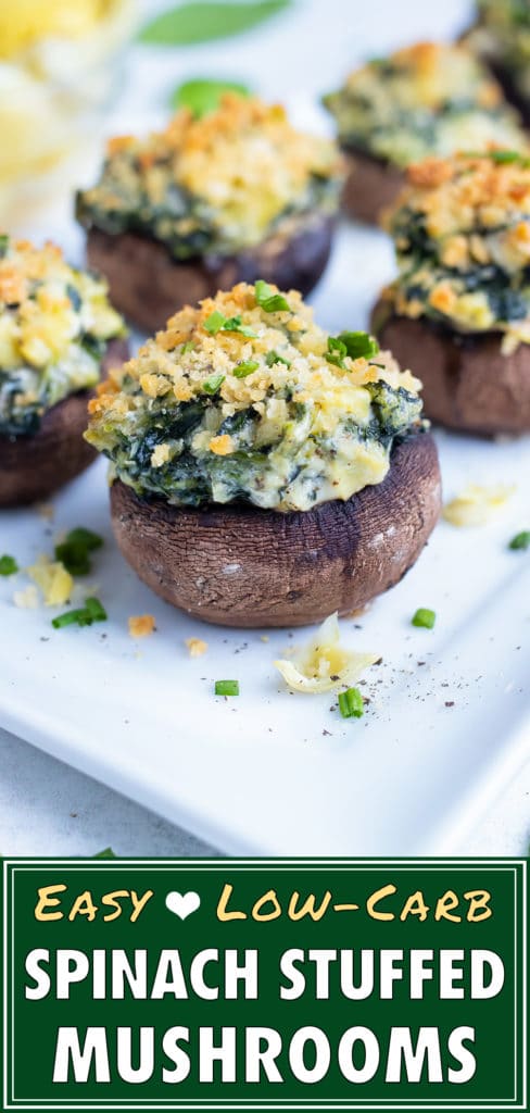 Baked spinach mushrooms are baked until golden and crisp on top for a low-carb appetizer.