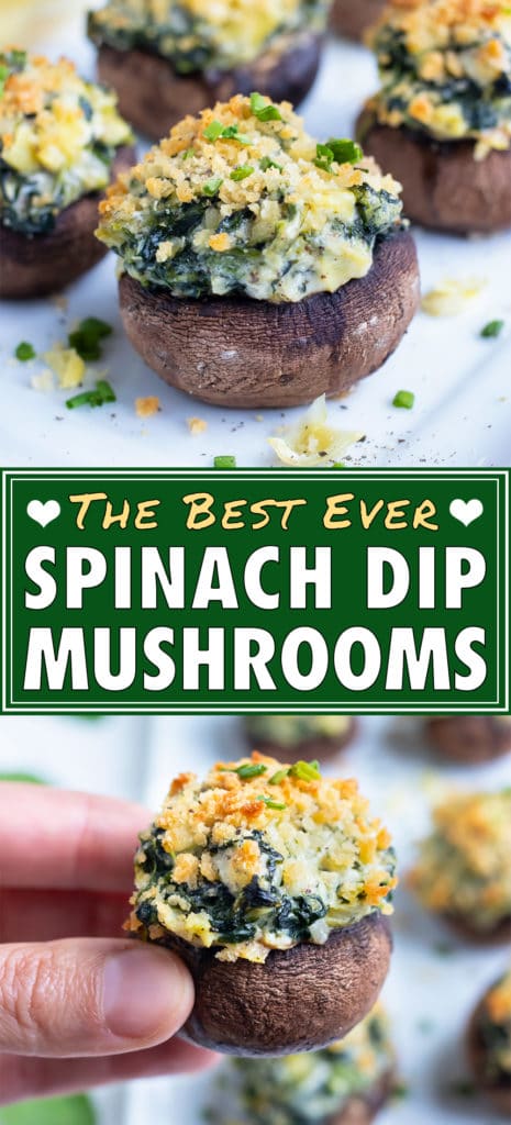 Vegetarian spinach stuffed mushrooms are lined up on a tray to be served at as an appetizer.