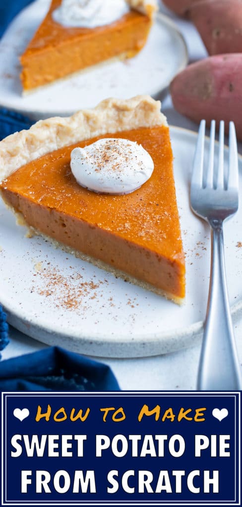 Gluten-free sweet potato pie is served with a fork and topped with whipped cream.