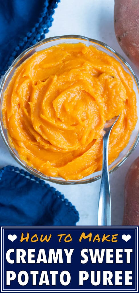 Easy sweet potato puree is placed in a glass bowl with a spoon for dishing.