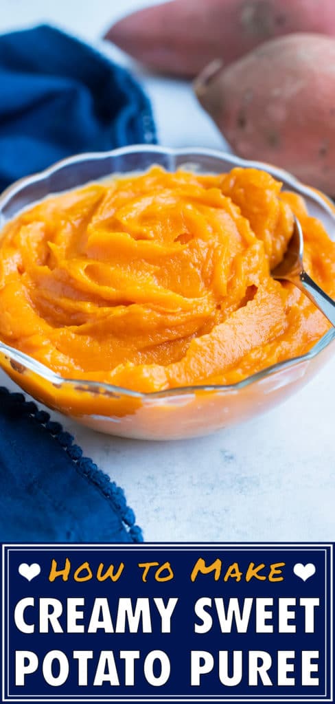 Sweet potato puree is placed in a glass bowl to be used in Thanksgiving recipes.