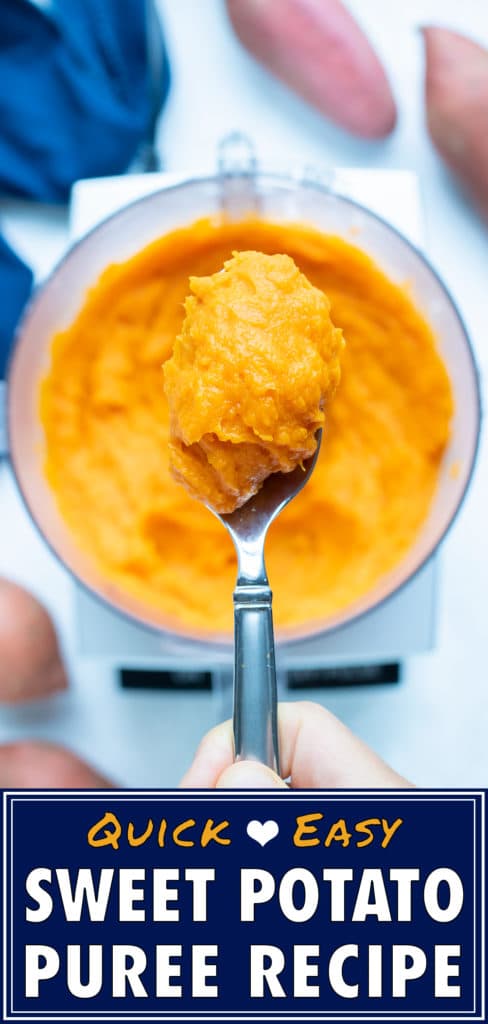 A spoon lifts the sweet potato puree out of the food processor.